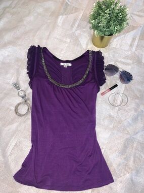 Blue Velvet Ruffled Flutter Sleeve Purple Blouse